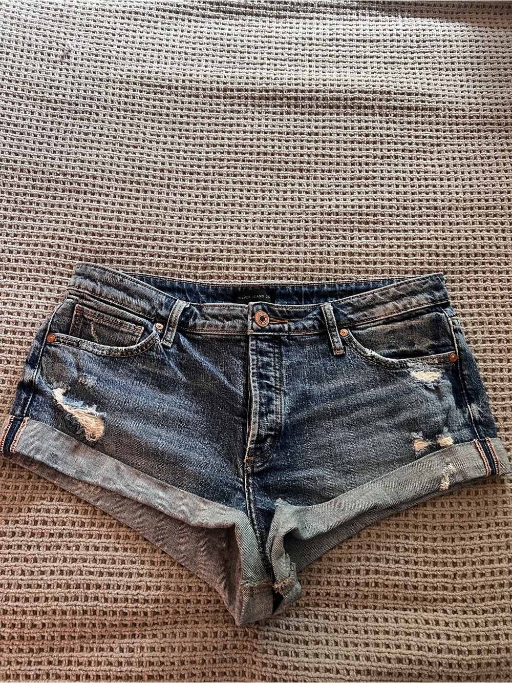 Silver Jeans Dark Blue Distressed Denim Roll-Cuff Shorts